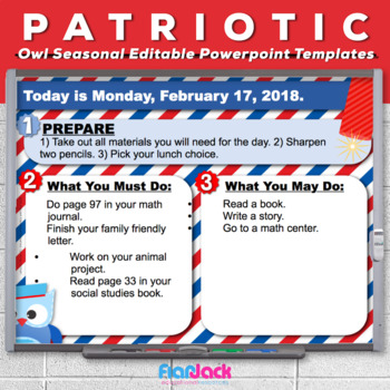 Preview of Editable PATRIOTIC Owl Themed Morning Work PowerPoint Templates