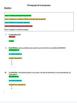 Preview of Editable PBL Proposal Essay Outline in Spanish- Un bosquejo de una propuesta