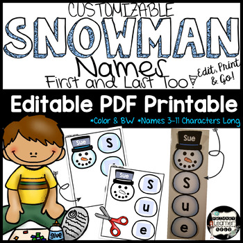 Preview of Snowman Names; Name Building Practice Literacy Center, Easy Editable PDF