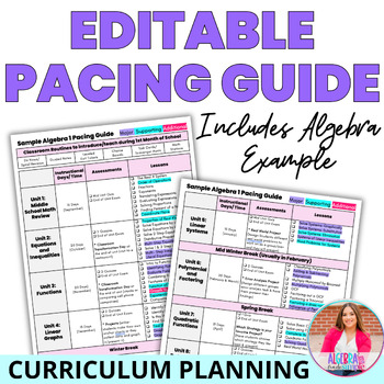 Preview of Editable Pacing Guide Template for Teachers Algebra Sample Curriculum Plan