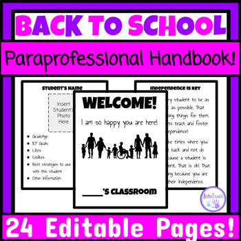 Preview of Editable Paraprofessional Handbook Training Special Education Back to School