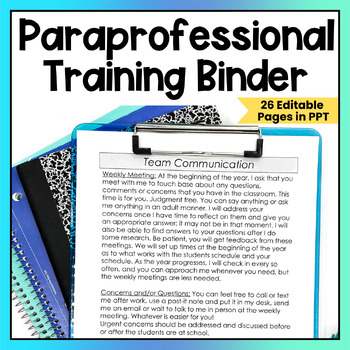 Preview of Paraprofessional Binder Editable Para Binder Autism Special Education Classroom