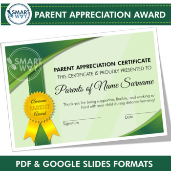 Editable Parent Appreciation Award Certificate Google Slides PDF by