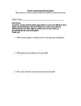 Preview of Parent and student Questionnaire/Brag Sheet (Editable & Fillable Resource)