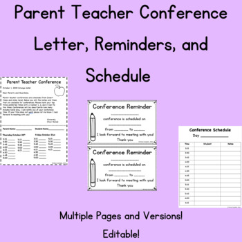 Preview of Editable Parent Teacher Conference Letter, Reminders, and Schedule Pages