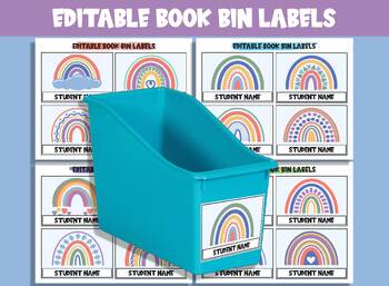 Preview of Editable Pastel Rainbow Book Bin Labels: 16 Customizable Designs for Classroom