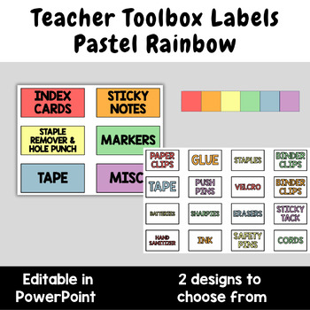 Preview of Editable Pastel Rainbow Teacher Toolbox Labels | Organization | 2 Designs