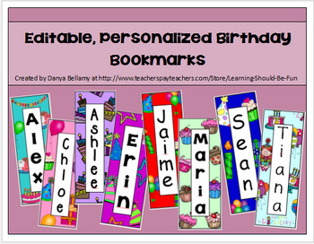 Preview of Editable Personalized Birthday Bookmarks:  Gifts for Students