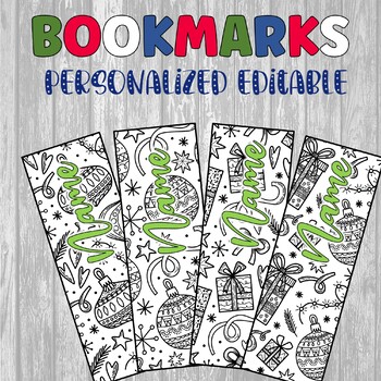 Preview of Editable Personalized Bookmarks (Coloring  and Christmas Themed)