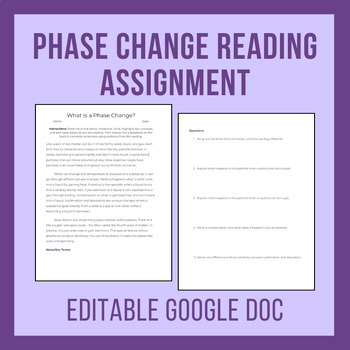 Preview of Editable - Phase Change/States of Matter Reading Assignment