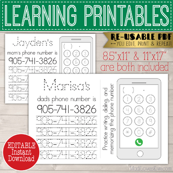Preview of Editable Phone Number Tracing Practice Worksheet, Name Writing Reusable PDF