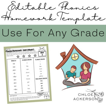 Preview of Editable Phonics Homework Template For K-2