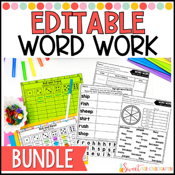 Preview of Editable Phonics Word Work Games Activities and Worksheets Bundle | No Prep
