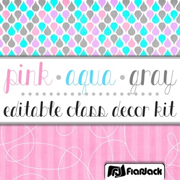 Preview of Editable Pink Aqua Gray Class Decor Kit