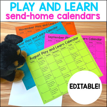 Preview of Editable Play and Learn Kindergarten Homework Calendars