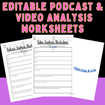 Preview of Editable Podcast And Video Analysis Worksheets RLA, History, Science, etc.