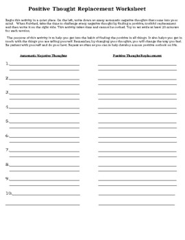 Preview of Positive Thought Replacement Worksheet(editable & fillable resource)