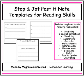 Preview of Editable Post it Note Templates for Reading Skills