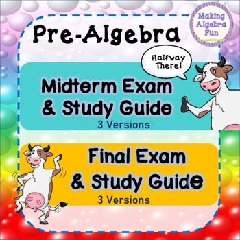 Preview of Editable Pre-Algebra Midterm, Final Exam & study guides (3 versions of each)