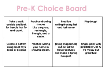 Preview of Editable: Pre-K Choice Board