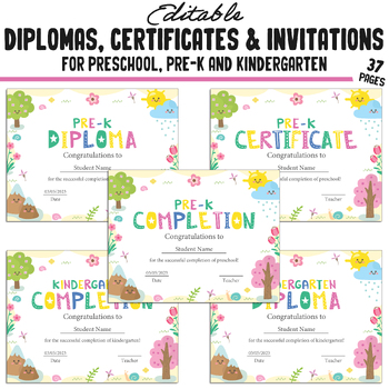 Preview of Editable Pre-K, Kindergarten and Preschool Certificates, Lovely Nature Themed