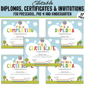 Preview of Editable Pre Kindergarten, Preschool, Kindergarten Diplomas, Certificates
