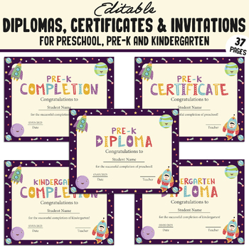 Preview of Editable PreK Graduation Diploma Preschool Kindergarten Certificates Invitations