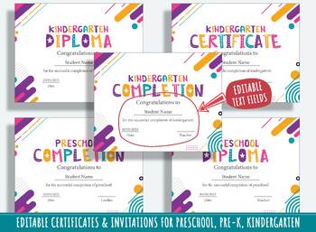 Preview of Editable Preschool Completion Certificate, End of the Year Diploma, & Invitation