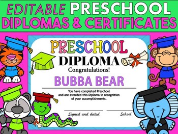 Preview of Editable Preschool Diplomas and Certificates - Animal Graduates