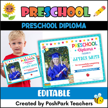 Preview of Editable Preschool Diploma with Photo | Preschool Graduation, Blue Star Border
