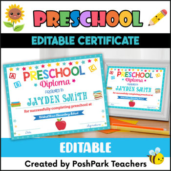 Preview of Editable Preschool Diploma Certificate Template with Cute Blue Border