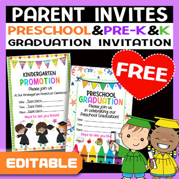 Preview of Editable Preschool, Pre-K & Kindergarten Graduation Invitations Printable FREE