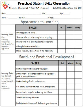 Preview of Editable Preschool Student Skills Observation Form (Google Drive/Slide product)
