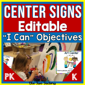 Preview of Editable Preschool & Kindergarten Center Labels - I Can Statements & Center Sign