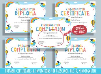 Preview of Editable Preschool and Kindergarten Diplomas, Certificates, Invitations