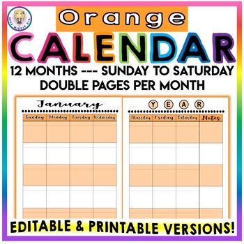 Preview of Editable & Printable - Monthly Calendar - Sunday to Saturday - ORANGE