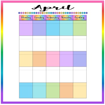 Editable & Printable - Monthly Calendar - Monday to Friday - COLORFUL