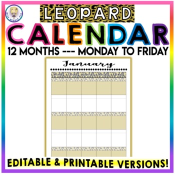 Preview of Editable & Printable - Monthly Calendar - Monday to Friday - LEOPARD