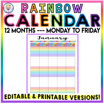 Preview of Editable & Printable - Monthly Calendar - Monday to Friday - RAINBOW