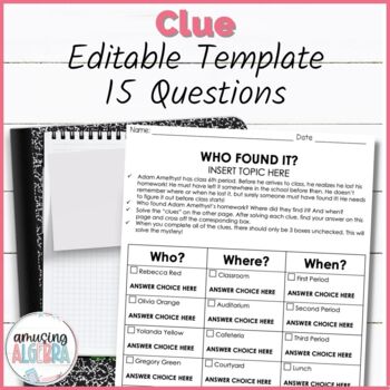 Preview of Editable Printable Clue Mystery Activity Template 15 Questions