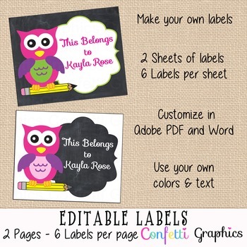 Stickers Labels s Paper Editable Pdf Instant Download Personalized 2 58 X 1 Labels Pink Brown Printable Owl Name Labels For School Supplies Back To School