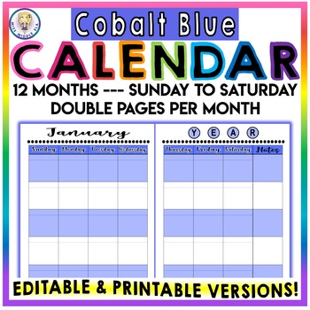 Preview of Editable & Printable - Monthly Calendar - Sunday to Saturday - COBALT BLUE
