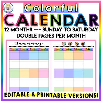 Preview of Editable & Printable - Monthly Calendar - Sunday to Saturday - COLORFUL