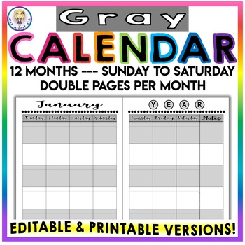 Preview of Editable & Printable - Monthly Calendar - Sunday to Saturday - GRAY