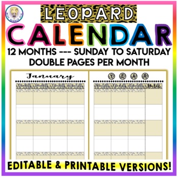 Preview of Editable & Printable - Monthly Calendar - Sunday to Saturday - LEOPARD