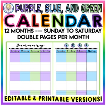 Preview of Editable & Printable - Monthly Calendar - Sunday to Saturday - PURPLE BLUE GREEN