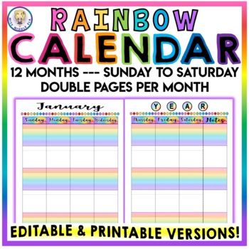 Preview of Editable & Printable - Monthly Calendar - Sunday to Saturday - RAINBOW