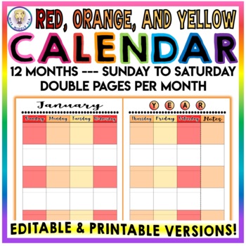 Preview of Editable & Printable - Monthly Calendar - Sunday to Saturday - RED ORANGE YELLOW