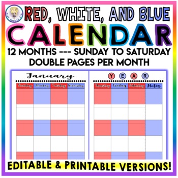 Preview of Editable & Printable - Monthly Calendar - Sunday to Saturday - RED WHITE & BLUE