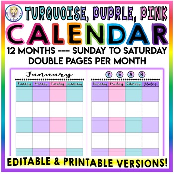 Preview of Editable & Printable - Monthly Calendar - Sunday to Saturday - TURQ. PURPLE PINK